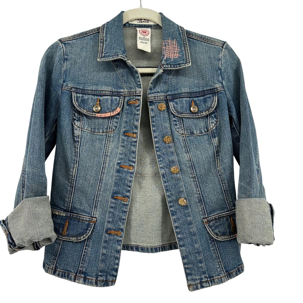 Bisou Bisou Denim Jacket Y2K Women S Blue Embellished Boho Sequin Back Patch